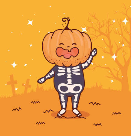 boy disguised of skeleton with head pumpkin for happy halloween celebration vector illustration designのイラスト素材
