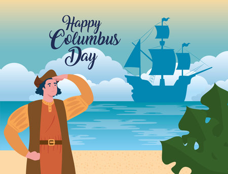 happy columbus day national usa holiday, with christopher columbus watching on beach vector illustration designのイラスト素材