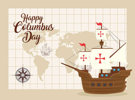 happy columbus day national usa holiday, with carabela and world map location vector illustration designのイラスト素材