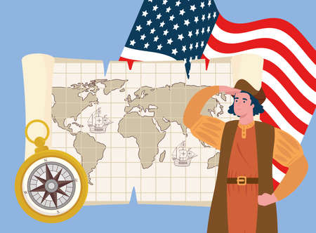 happy columbus day national usa holiday, with christopher columbus and icons exploration vector illustration designのイラスト素材