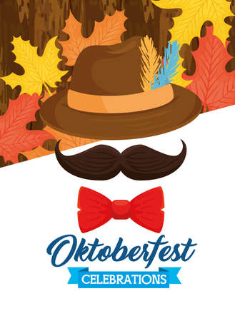 oktoberfest festival celebration, hat tyrolean, moustache and bow tie vector illustration designのイラスト素材