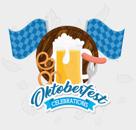 oktoberfest festival celebration with jar beer, pretzel and sausage vector illustration designのイラスト素材