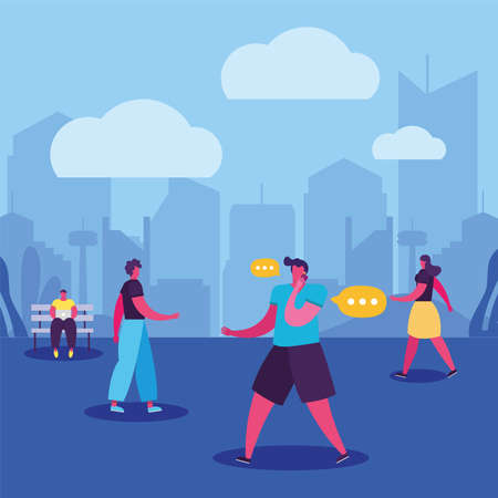 young people walking using smartphone characters vector illustration designのイラスト素材