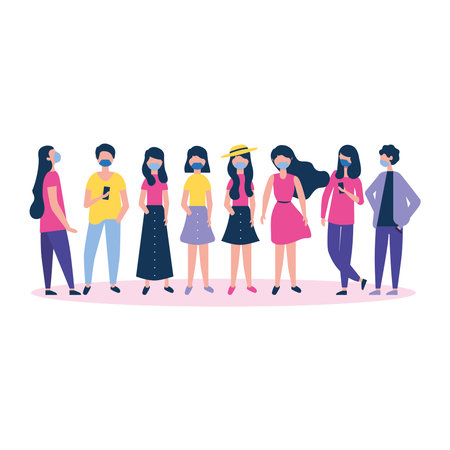 group of people wearing medical masks characters vector illustration design