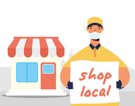 support local business campaign with store building and delivery worker vector illustration designのイラスト素材