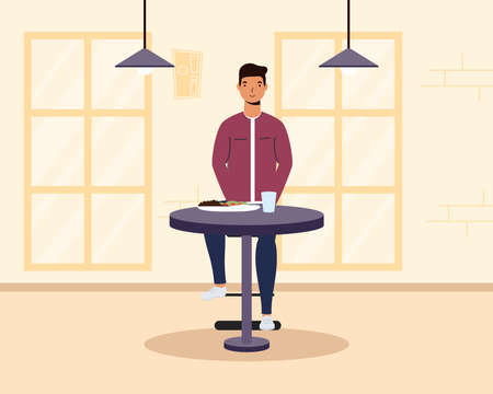 young man dinning in restaurant character illustration designのイラスト素材