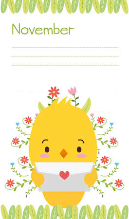 cute chick animal calendar cartoon vector illustrationのイラスト素材