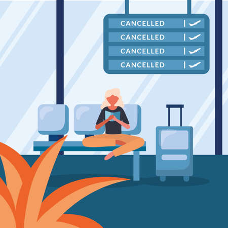 Woman with bag on chairs design, Cancelled flights travel and airport theme Vector illustrationのイラスト素材