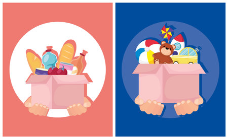 charity donation boxes with groceries and toys vector illustration designのイラスト素材