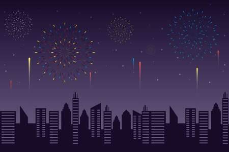 Fireworks burst explosions with citycape in night sky background vector illustration designのイラスト素材