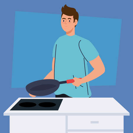 man cooking with frying pan in kitchen scene vector illustration designのイラスト素材