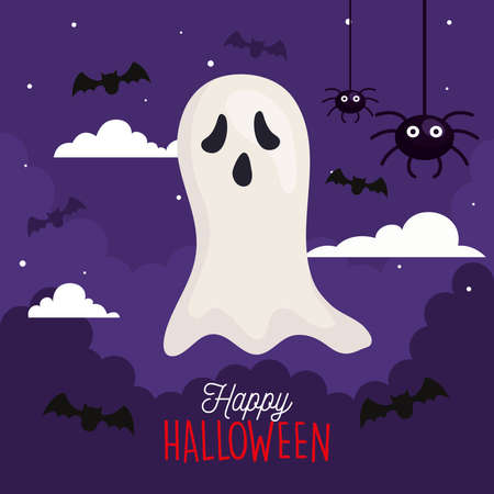 happy halloween banner with ghost, bats flying and spiders hanging vector illustration designのイラスト素材