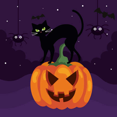 happy halloween banner with cat on pumpkin and spiders vector illustration designのイラスト素材