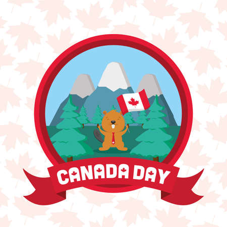 beaver flag mountains forest badge happy canada day vector illustrationのイラスト素材
