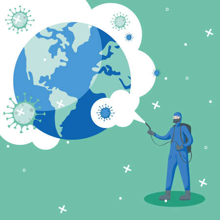 Man with protective suit spraying world with covid 19 virus design, Disinfection service and clean theme Vector illustrationのイラスト素材