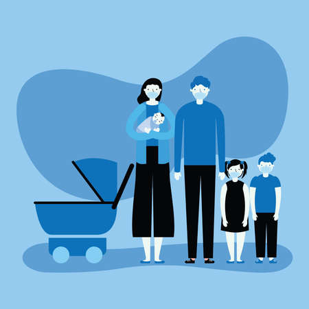family wearing medical mask characters vector illustration designのイラスト素材