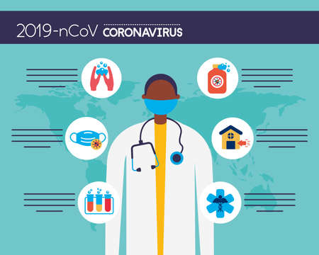 covid19 pandemic infographics with doctor vector illustration designのイラスト素材