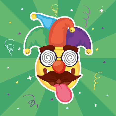 happy april fools day card with emoji and crazy mask vector illustration design