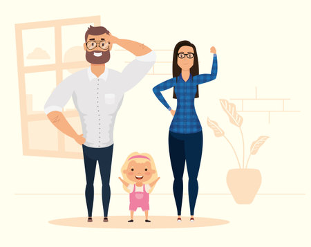 parents couple with daughter stay at home vector illustration design