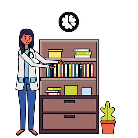 doctor woman room consultation bookshelf clock plant vector illustrationのイラスト素材