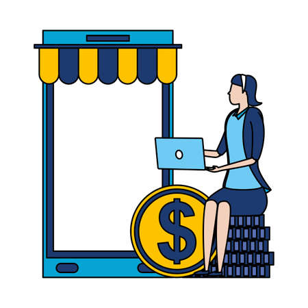 businesswoman sitting coins with laptop smartphone business success vector illustrationのイラスト素材