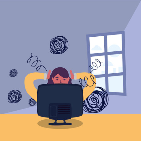 stressed business woman working in desktop vector illustration designのイラスト素材