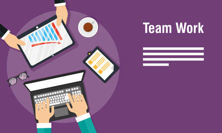 teamwork banners with laptop and tablet vector illustration designのイラスト素材