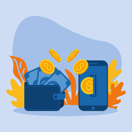 wallet with bills coins and smartphone of Online payments money and ecommerce theme Vector illustrationのイラスト素材
