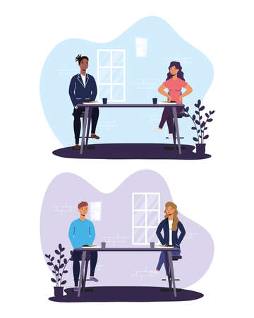 diversity people dinning in restaurant practicing social distancing ,covid19 prevention method vector illustration designのイラスト素材