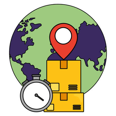 world clock boxes location pointer fast delivery business vector illustrationのイラスト素材