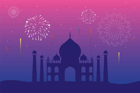 Fireworks burst explosions in taj mahal scene vector illustration designのイラスト素材