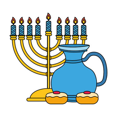 happy hanukkah teapot jar with chandelier and cupcakes vector illustration designのイラスト素材
