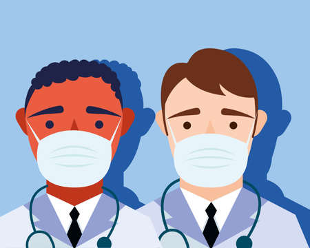 young male doctors staff wearing medical masks characters vector illustration designのイラスト素材