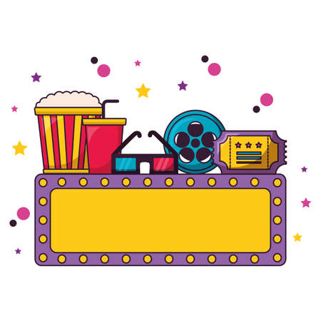 billboard 3d glasses reel ticket pop corn cinema movie vector illustrationのイラスト素材