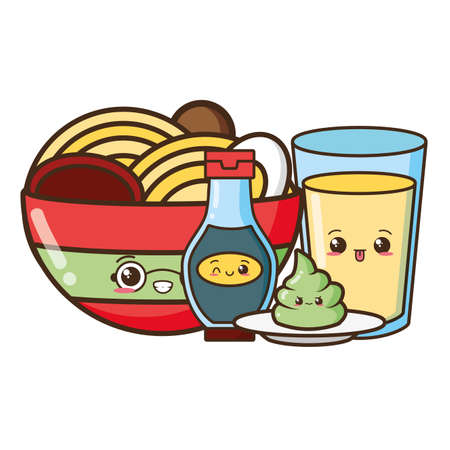 kawaii cartoon soup noodle juice sauces character vector illustrationのイラスト素材