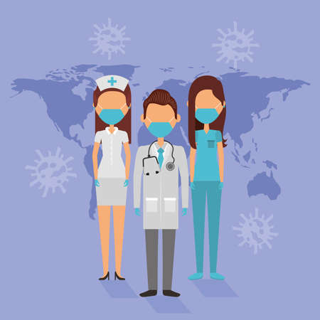 medical staff with face masks and earth planet vector illustration designのイラスト素材
