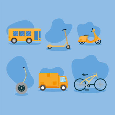 bike scooter bus motorcycle truck and hoverboard vehicle design, Transportation travel trip urban motor speed fast and driving theme Vector illustrationのイラスト素材