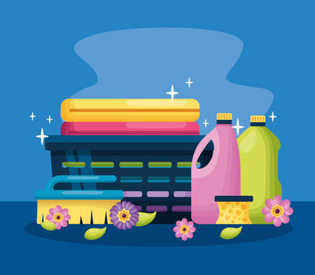 laundry towels detergent sponge brush spring cleaning tools vector illustrationのイラスト素材