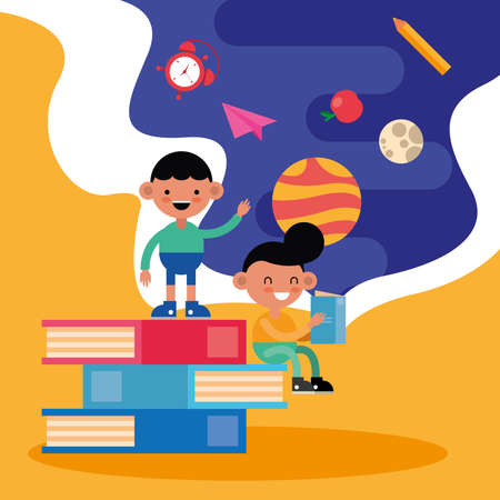 little students boys seated in books comic characters vector illustration designのイラスト素材