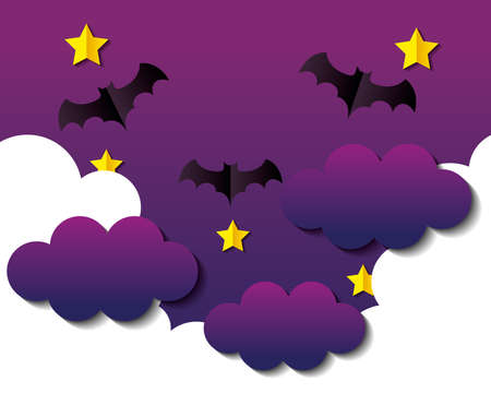 happy halloween banner, with bats flying in sky in paper cut style vector illustration designのイラスト素材