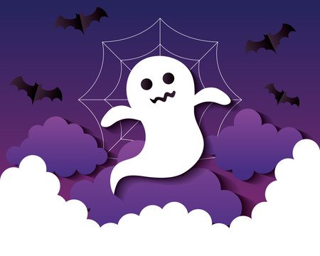 happy halloween banner, with ghost, clouds and bats flying in paper cut style vector illustration designのイラスト素材