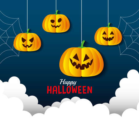 happy halloween banner, with pumpkins hanging and clouds in paper cut style vector illustration designのイラスト素材