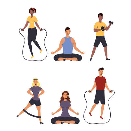 group of people practicing sport activities in the house vector illustration designのイラスト素材