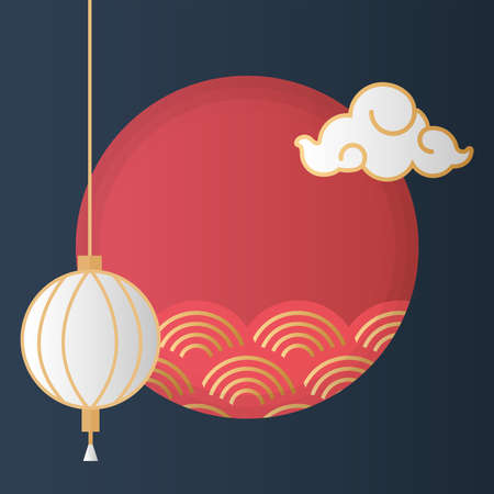 mid autumn festival with waves in circular frame and lanterns vector illustration designのイラスト素材