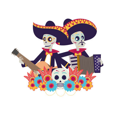 mexican mariachis skulls playing guitar and accordion vector illustration designのイラスト素材