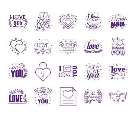 I love you texts line style icon set design of Passion and romantic theme Vector illustrationのイラスト素材