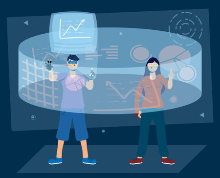couple using augmented reality technology vector illustration design