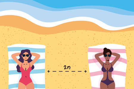 interracial women the beach practicing social distancing scene ,summer time vacations vector illustration designのイラスト素材
