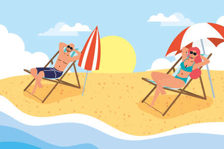 couple on the beach practicing social distancing scene ,summer time vacations vector illustration designのイラスト素材