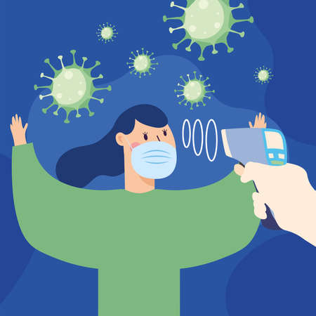 Hand holding thermometer gun checking woman temperature design of Medical care and covid 19 virus theme Vector illustrationのイラスト素材